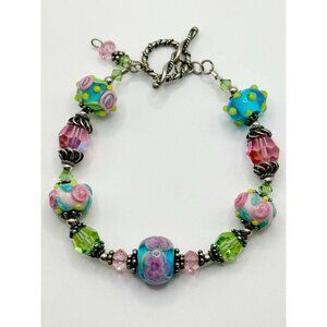 Multi-color Pinks Blues Art Glass Lamp Work Beaded Bracelet 7.5” Sterling